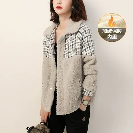 韩潮袭人小香风羊羔毛拼接短外套女冬季新款千鸟格加绒上衣厚图片