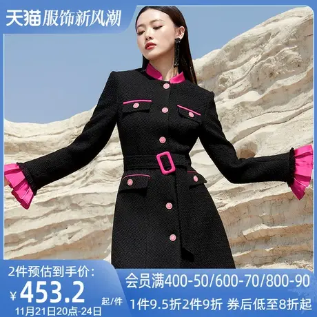 AUI黑色名媛气质中长款外套女2024秋冬新款高级感小香风修身大衣商品大图