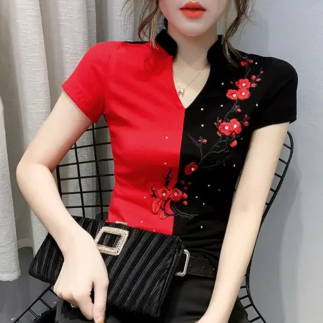 时尚撞色T恤女短袖2023新款设计感重工刺绣洋气上衣民族风女装夏商品大图