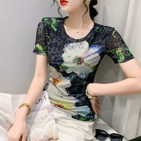 2024夏季新款性感网纱T恤女短袖气质漂亮印花小衫修身圆领上衣ins商品大图