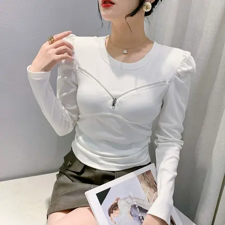 欧货辣妹短款打底衫女长袖时尚设计感拉链T恤洋气紧身上衣秋装潮商品大图