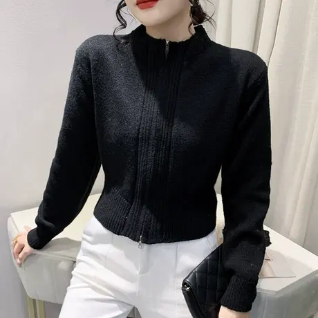 2023秋冬新款高腰短款毛衣外套女设计感洋气立领拉链开衫针织上衣图片