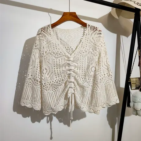 勾花镂空针织衫女夏外穿新款v领设计感小众半袖短款防晒上衣罩衫商品大图