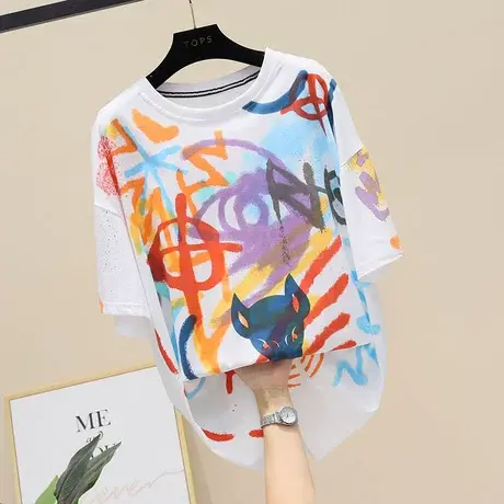 2023夏季中长款彩色印花薄款T恤女设计感小众慵懒风短袖韩版上衣商品大图