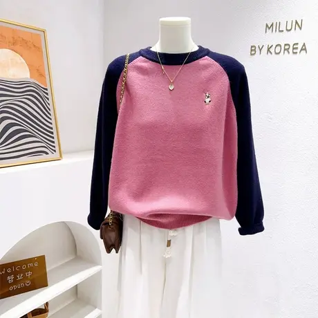 韩代同款软糯毛衣~秋冬款洋气时髦复古拼色慵懒风针织衫保暖内搭图片