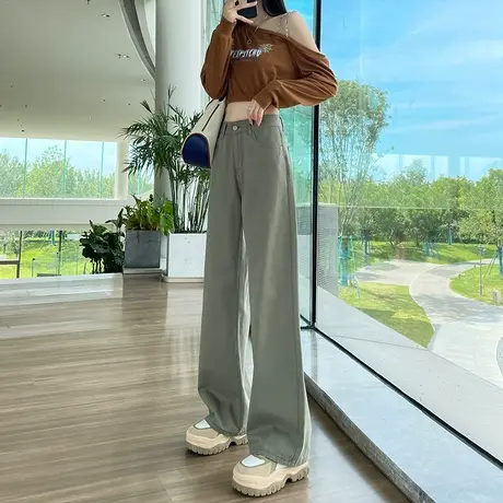 绿色牛仔裤女阔腿秋季高腰宽松胖mm显瘦休闲2023网红爆款工装裤子图片