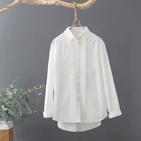 花边白衬衫女文艺清新打底衫2024年春秋长袖宽松开衫纯棉上衣潮图片