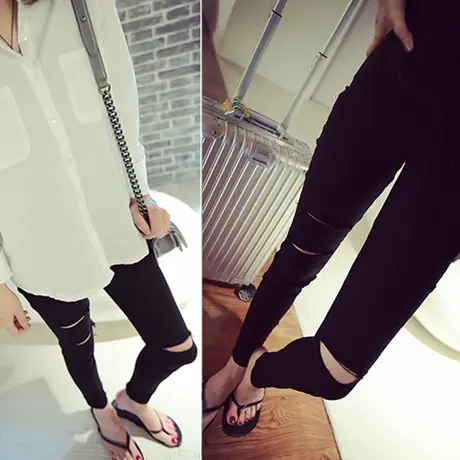 破洞打底裤女裤夏季薄款大码胖mm高腰紧身小脚外穿魔术黑色小黑裤商品大图