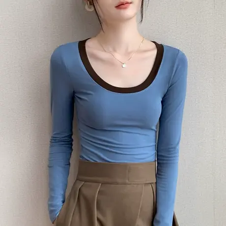 撞色拼接大圆领长袖T恤2025春秋新品西装内搭正肩超显身材的上衣图片