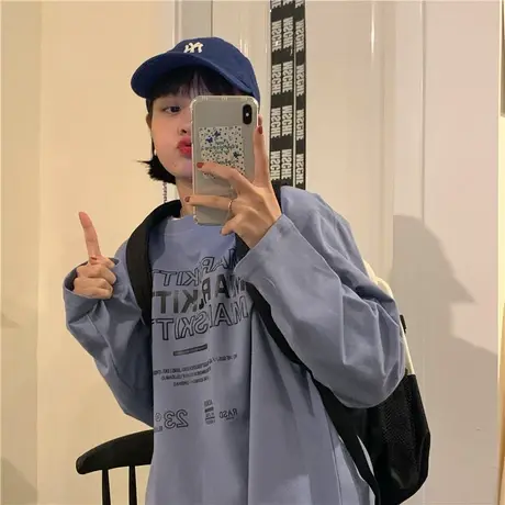 红续~自制2023春装新款韩版字母百搭盐系温柔风宽松卫衣长袖T恤女商品大图