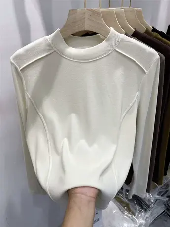 2022秋冬新款欧货纯色薄绒螺纹T恤女长袖设计感小众洋气内搭上衣商品大图