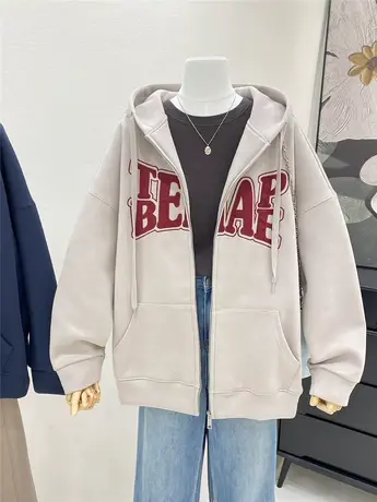 美式复古连帽卫衣外套女宽松贴布慵懒男友风宽松大版拉链开衫上衣商品大图