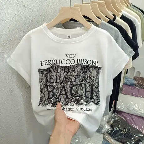 网红ins潮牌短袖T恤女纯棉宽松显瘦百搭夏装蕾丝拼接设计感上衣服图片