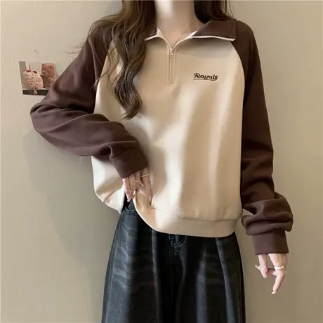 插肩袖半拉链POLO领立领卫衣女春秋设计感小众薄款长袖短款上衣潮商品大图