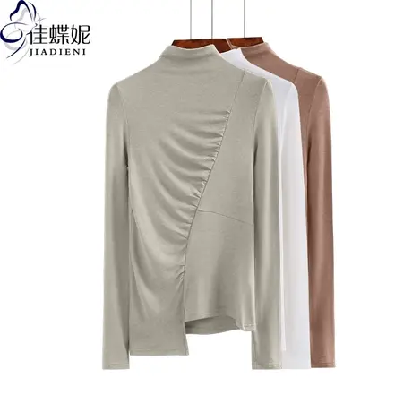 秋冬韩版半高领纯棉长袖体恤打底衫女百搭基础款内搭上衣不规则下图片