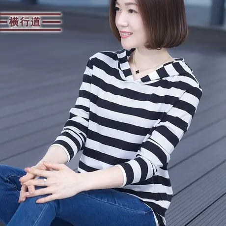 休闲宽松条纹带帽打底衫2025大码女连帽上衣新款长袖t恤帽衫春装商品大图