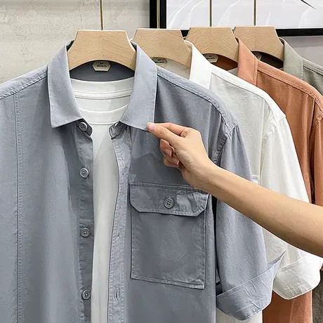 半袖衬衫男士夏季外套2023新款潮流纯棉休闲衬衣短袖男商务高级感商品大图