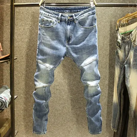 高端潮牌美式牛仔裤男款潮流拼接修身小脚裤休闲机车通勤弹力长裤商品大图