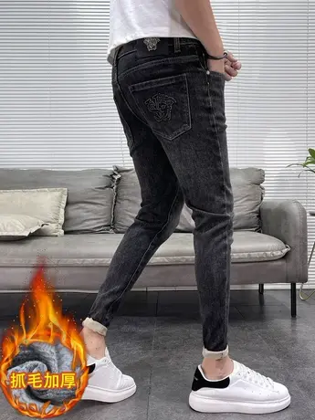 黑灰色牛仔裤男冬款加绒加厚压花潮流修身小脚牛仔裤加厚休闲裤男商品大图