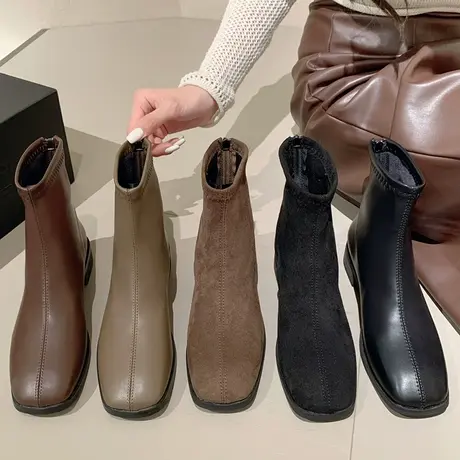 韩版2023年秋冬新款方头平底瘦瘦靴复古百搭裸靴踝靴马丁靴短靴图片