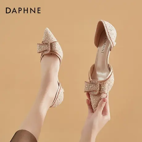 达芙妮高跟鞋女细跟中跟凉鞋2020新款夏天水钻中空尖头单鞋女低跟商品大图