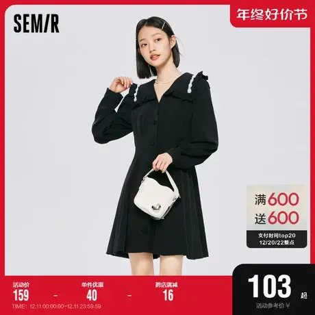 森马连衣裙女大翻领收腰裙子气质2022秋季新款优雅女士小黑裙百搭图片