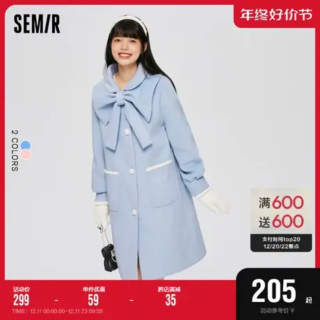 森马外套女长款设计感翻领甜美温柔2022冬新款仿毛呢大衣宽松文艺图片