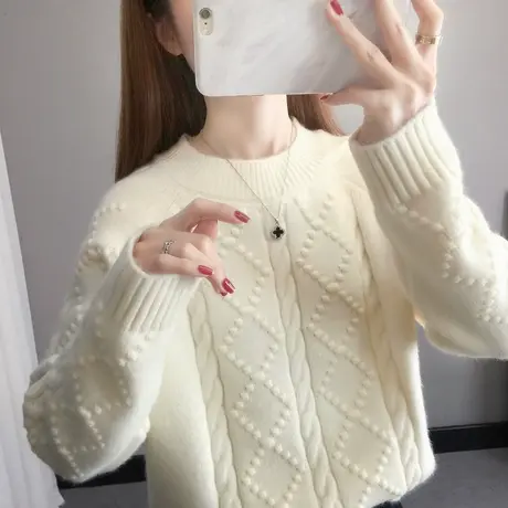 慵懒风鼓包麻花套头软奶毛衣女秋冬新款内搭宽松韩版加厚针织打底商品大图
