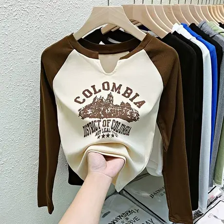 拼接撞色t恤长袖女2023秋季新款韩版小个子v领上衣修身内搭打底衫商品大图