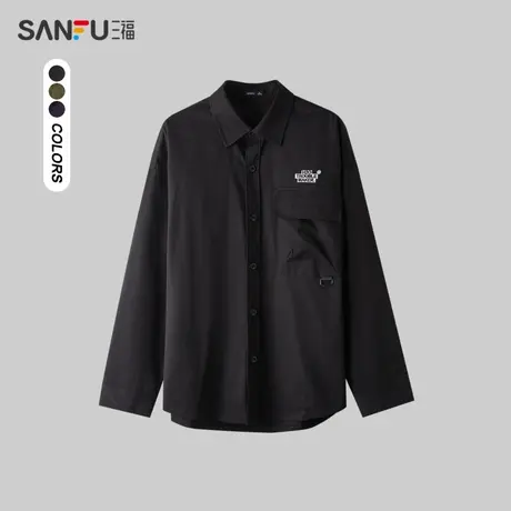 三福2024春季男士口袋绣花长衬衫 潮流宽松翻领纯棉上衣482455商品大图