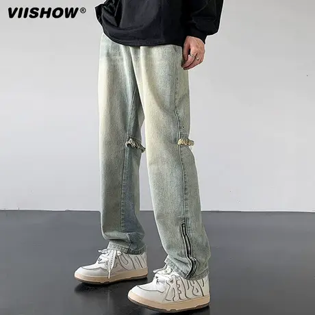 VIISHOW牛仔裤男士春季新款拉链开叉微喇美式高街潮牌休闲长裤子商品大图