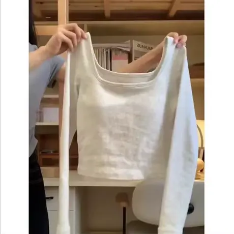 2024新款方领正肩长袖T恤女春内搭短款打底衫韩版修身带胸垫上衣商品大图