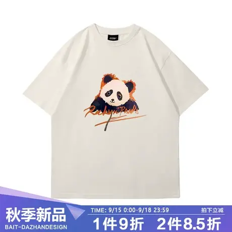 国潮手绘风元气熊猫印花基础短袖T恤宽松纯棉休闲潮牌情侣上衣商品大图