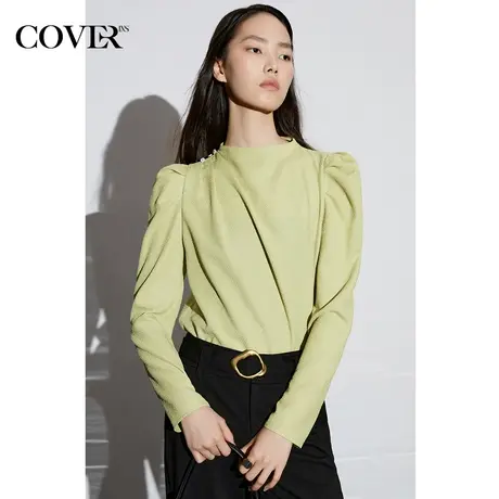 COVER2023春季羊腿袖显白青草绿泡泡纱衬衫图片