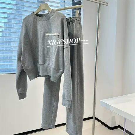 灰色破洞拉链口袋圆领卫衣宽松弯刀阔腿运动裤长裤休闲时尚套装春商品大图