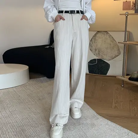 尔给阔腿裤女春秋款2024新款高腰直筒裤垂感高级感宽松竖条纹裤子图片