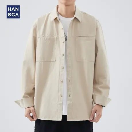 hansca工装衬衫男长袖潮牌秋季纯棉宽松大码休闲纯色口袋上衣外套商品大图