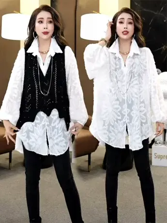 星空满天星带扣针织马甲套装女宽松显瘦慵懒风印花长袖衬衫两件套图片