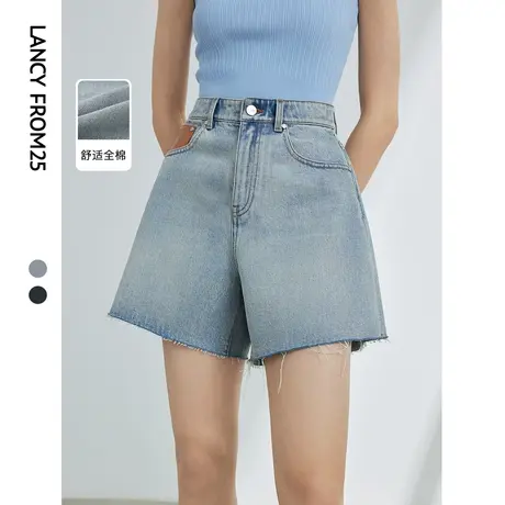 朗姿纯棉a字宽松显瘦高腰阔腿气质牛仔短裤女2024年夏新款休闲裤商品大图