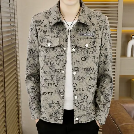 高级感格子夹克男士春秋季潮牌修身翻领麂皮绒外套痞帅气加棉冬装商品大图