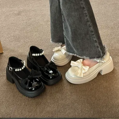 法式玛丽珍小皮鞋女2023春新款厚底增高蝴蝶结配裙子粗跟高跟单鞋商品大图