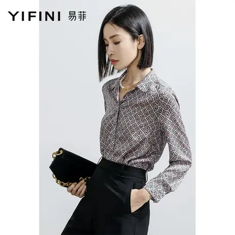 Yifini/易菲长袖印花衬衫女2023春秋新款梭织上衣宽松设计感小众商品大图