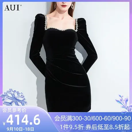 AUI复古气质方领丝绒小黑裙女冬2023新款赫本风黑色泡泡袖连衣裙图片