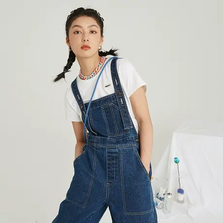 omont蛋挞家 复古高腰牛仔背带裤女夏薄款修身直筒裤显瘦牛仔长裤图片