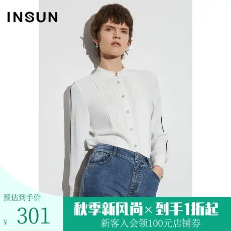 恩裳COVER2023春款新款简约立领风琴褶正肩设计上衣乱麻感白衬衫图片