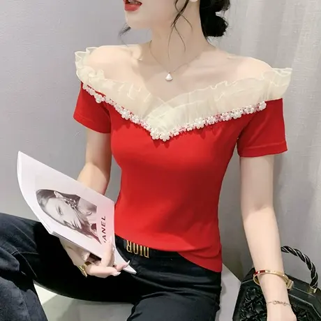 网红爆款一字领短袖T恤女网纱拼接性感露肩小衫设计感木耳边上衣商品大图