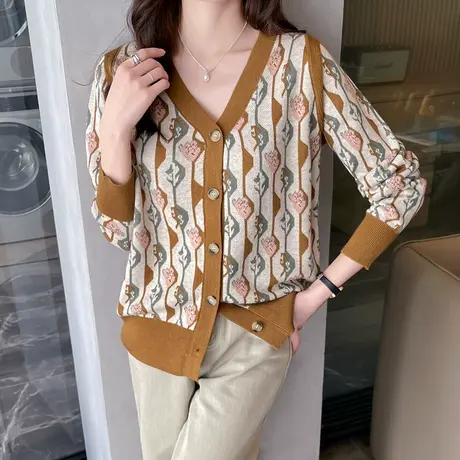 v领复古提花针织开衫外套女2023秋装新款宽松百搭外穿秋季上衣女商品大图