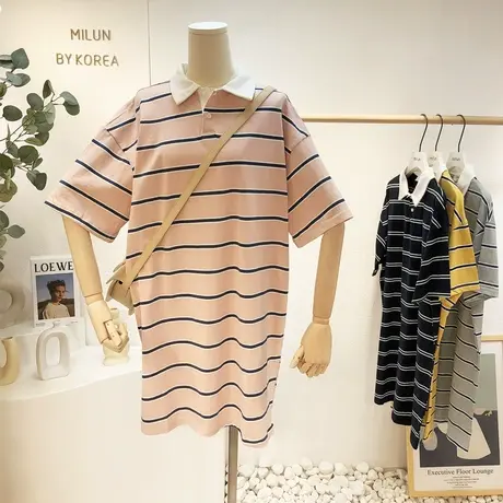2021夏季新款连衣裙韩国东大门清爽条纹polo领长款T恤裙宽松大码图片