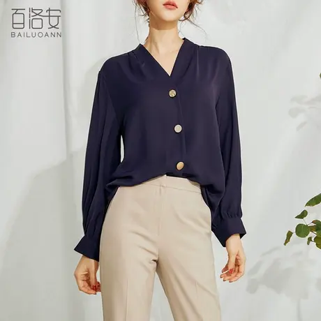 百洛安宽松大码纯色衬衣女秋季新款简约气质韩版上衣长袖v领衬衫图片