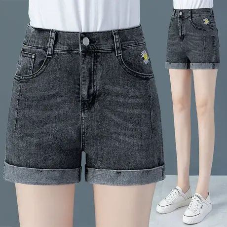 烟灰色复古牛仔短裤女2023夏季高腰显瘦卷边直筒裤大码时尚热裤潮图片